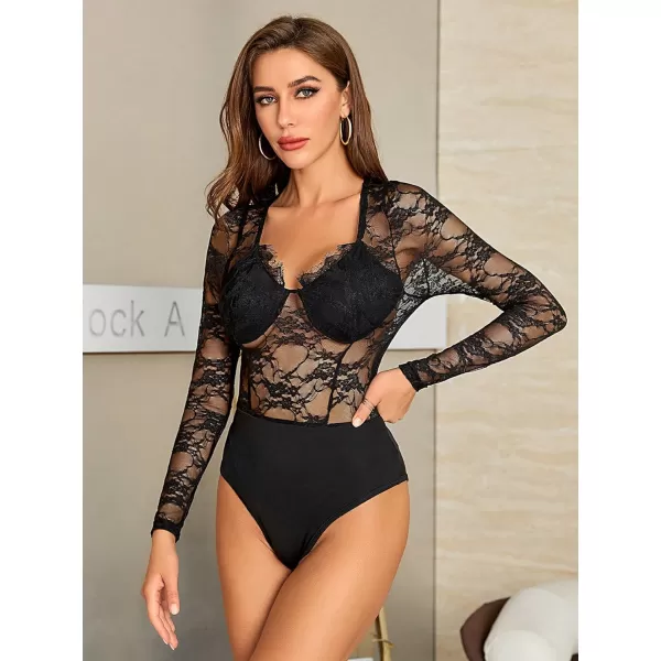 WDIRARA Women's Polka Dots Lace Sweetheart Neck Mesh Long Sleeve Skinny Bodysuit