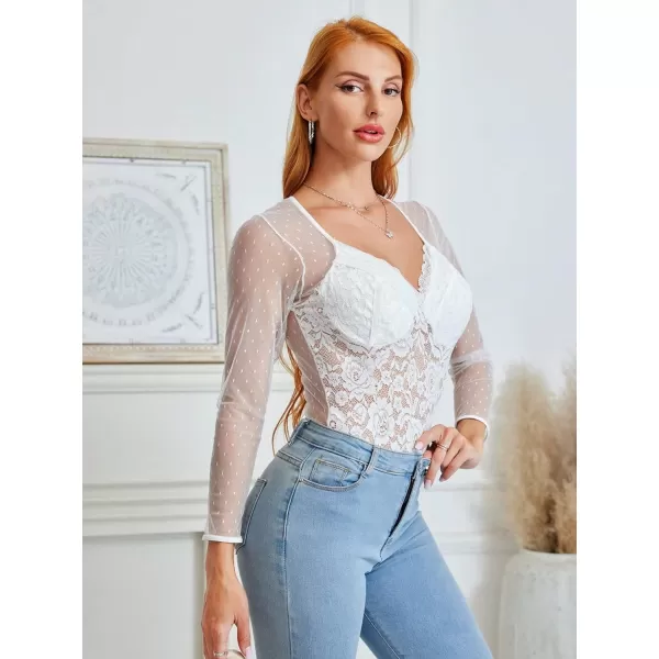 WDIRARA Women's Polka Dots Lace Sweetheart Neck Mesh Long Sleeve Skinny Bodysuit
