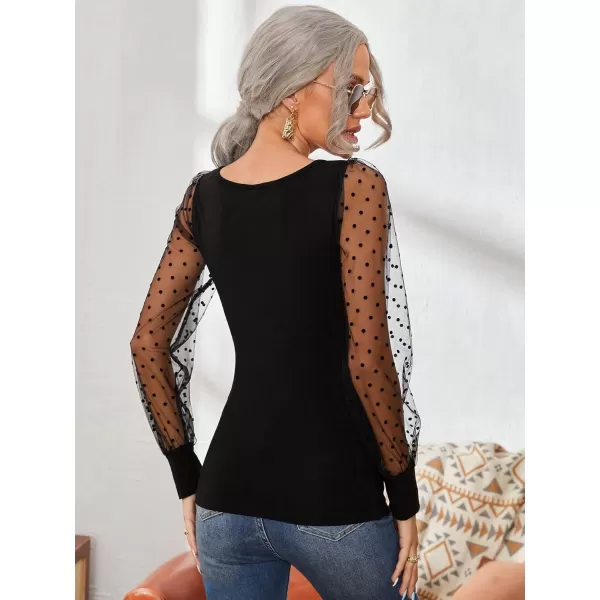 WDIRARA Women's Polka Dots Mesh Bishop Long Sleeve Square Neck Tee Tops