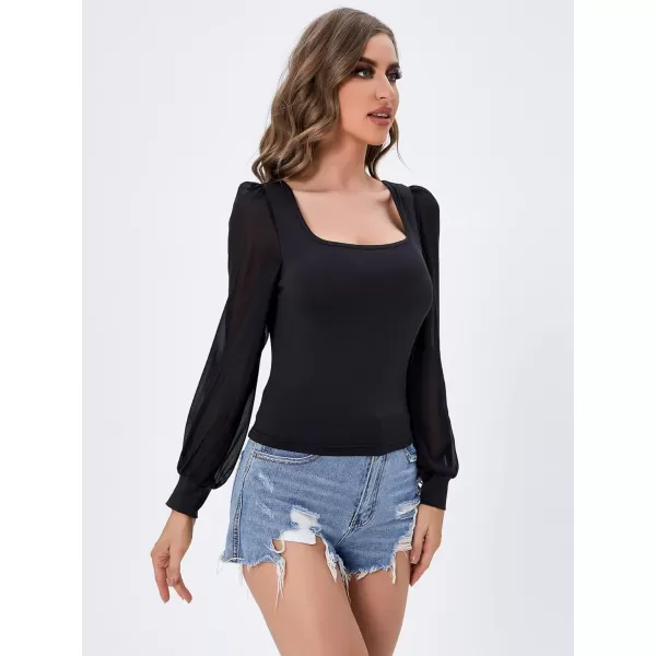 WDIRARA Women's Polka Dots Mesh Bishop Long Sleeve Square Neck Tee Tops