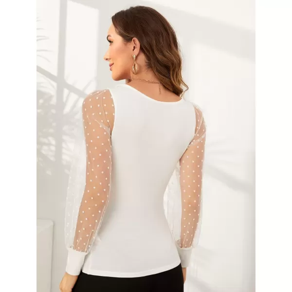 WDIRARA Women's Polka Dots Mesh Bishop Long Sleeve Square Neck Tee Tops