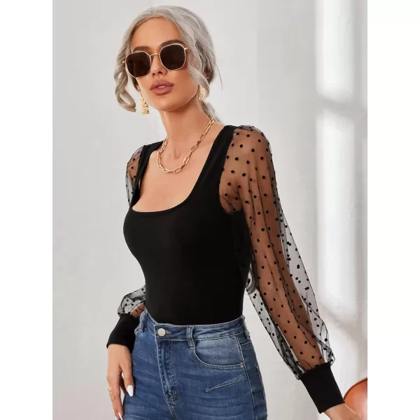 WDIRARA Women's Polka Dots Mesh Bishop Long Sleeve Square Neck Tee Tops
