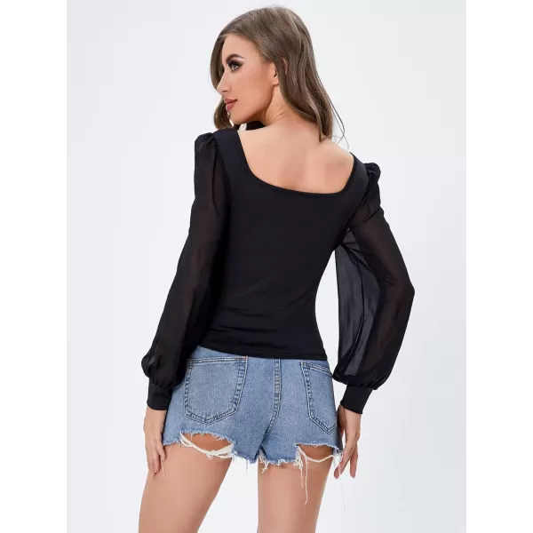 WDIRARA Women's Polka Dots Mesh Bishop Long Sleeve Square Neck Tee Tops