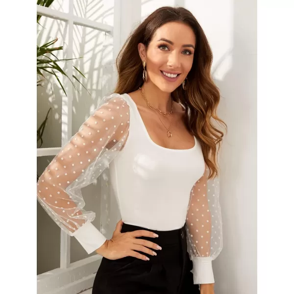 WDIRARA Women's Polka Dots Mesh Bishop Long Sleeve Square Neck Tee Tops