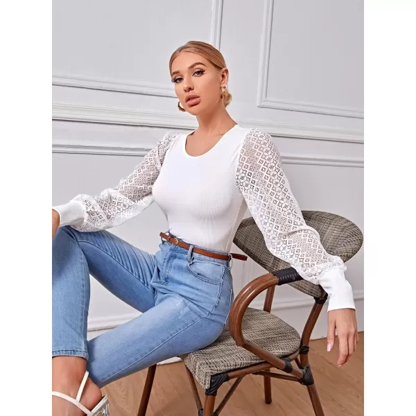 WDIRARA Women's Polka Dots Mesh Bishop Long Sleeve Square Neck Tee Tops
