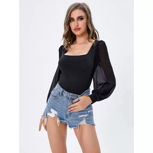WDIRARA Women's Polka Dots Mesh Bishop Long Sleeve Square Neck Tee Tops