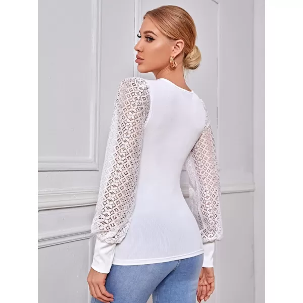WDIRARA Women's Polka Dots Mesh Bishop Long Sleeve Square Neck Tee Tops