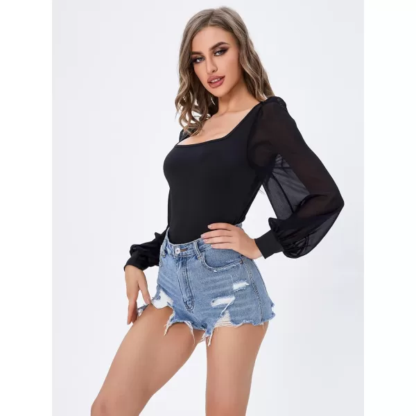 WDIRARA Women's Polka Dots Mesh Bishop Long Sleeve Square Neck Tee Tops