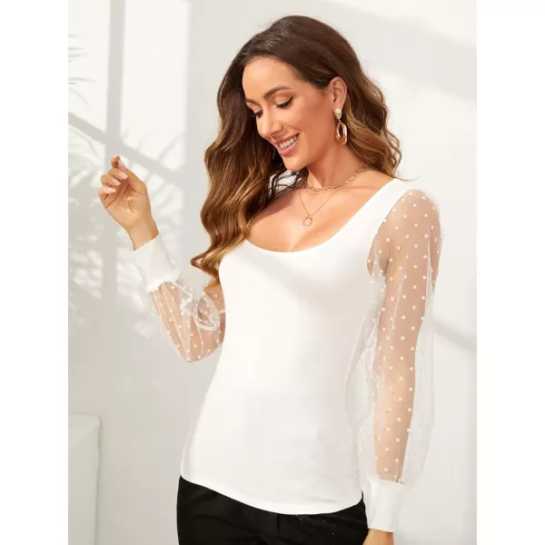WDIRARA Women's Polka Dots Mesh Bishop Long Sleeve Square Neck Tee Tops