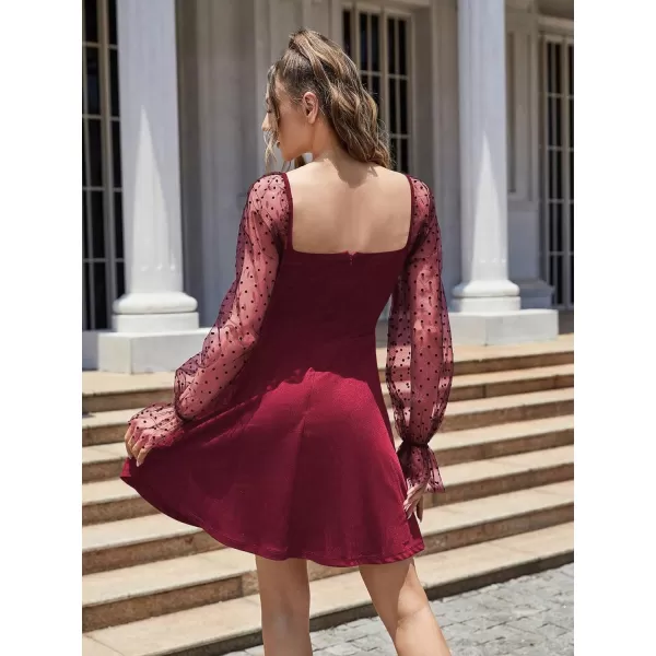 WDIRARA Women's Polka Dots Mesh Long Sleeve A Line Mini Flowy Wedding Guest Bridesmaid Dress