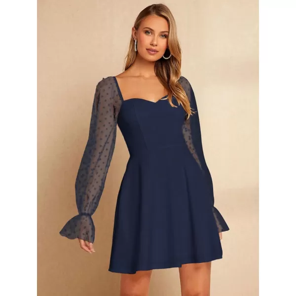 WDIRARA Women's Polka Dots Mesh Long Sleeve A Line Mini Flowy Wedding Guest Bridesmaid Dress