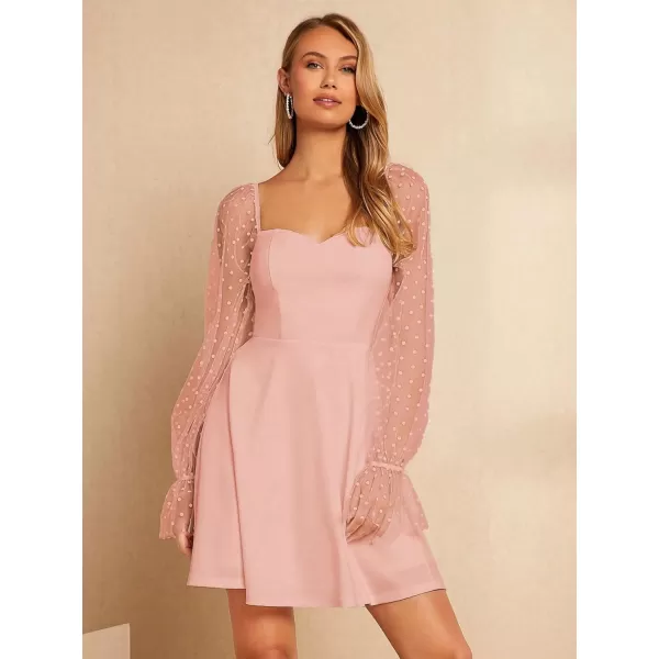 WDIRARA Women's Polka Dots Mesh Long Sleeve A Line Mini Flowy Wedding Guest Bridesmaid Dress