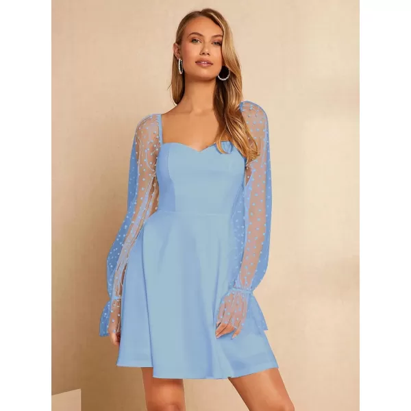 WDIRARA Women's Polka Dots Mesh Long Sleeve A Line Mini Flowy Wedding Guest Bridesmaid Dress
