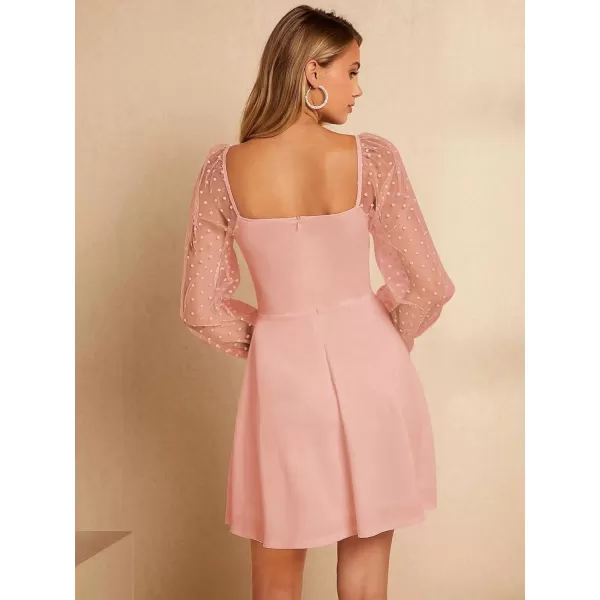 WDIRARA Women's Polka Dots Mesh Long Sleeve A Line Mini Flowy Wedding Guest Bridesmaid Dress