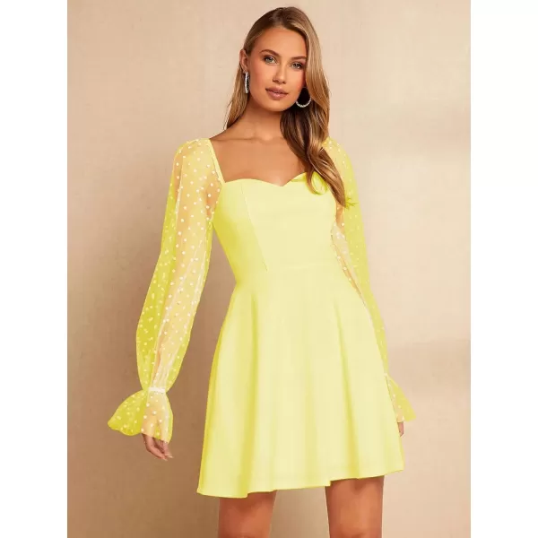 WDIRARA Women's Polka Dots Mesh Long Sleeve A Line Mini Flowy Wedding Guest Bridesmaid Dress