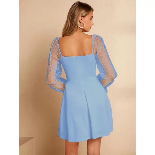WDIRARA Women's Polka Dots Mesh Long Sleeve A Line Mini Flowy Wedding Guest Bridesmaid Dress