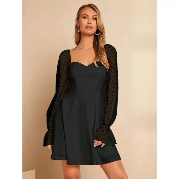 WDIRARA Women's Polka Dots Mesh Long Sleeve A Line Mini Flowy Wedding Guest Bridesmaid Dress