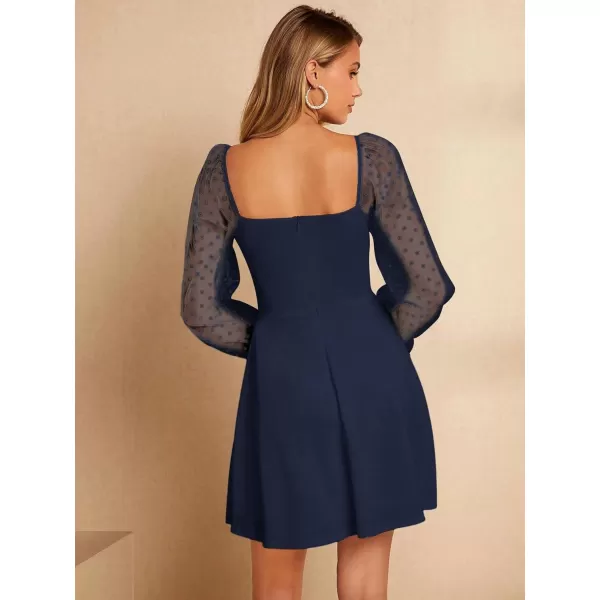 WDIRARA Women's Polka Dots Mesh Long Sleeve A Line Mini Flowy Wedding Guest Bridesmaid Dress