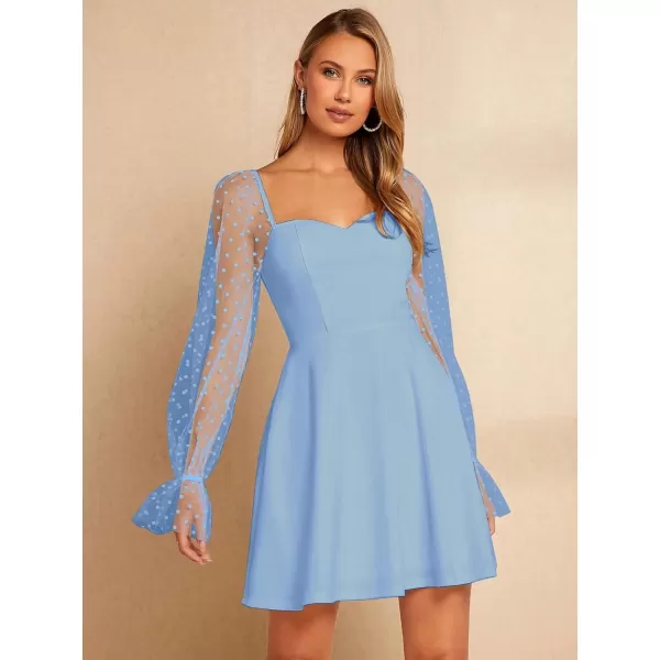 WDIRARA Women's Polka Dots Mesh Long Sleeve A Line Mini Flowy Wedding Guest Bridesmaid Dress