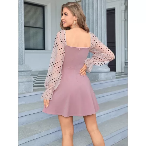 WDIRARA Women's Polka Dots Mesh Long Sleeve A Line Mini Flowy Wedding Guest Bridesmaid Dress