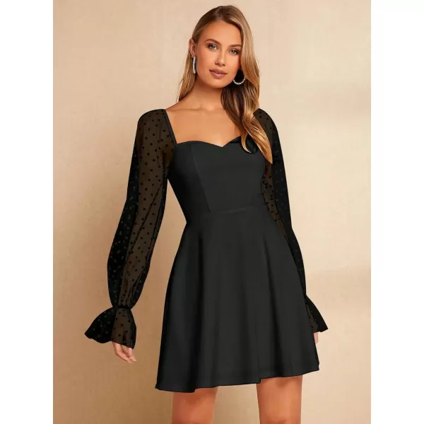 WDIRARA Women's Polka Dots Mesh Long Sleeve A Line Mini Flowy Wedding Guest Bridesmaid Dress