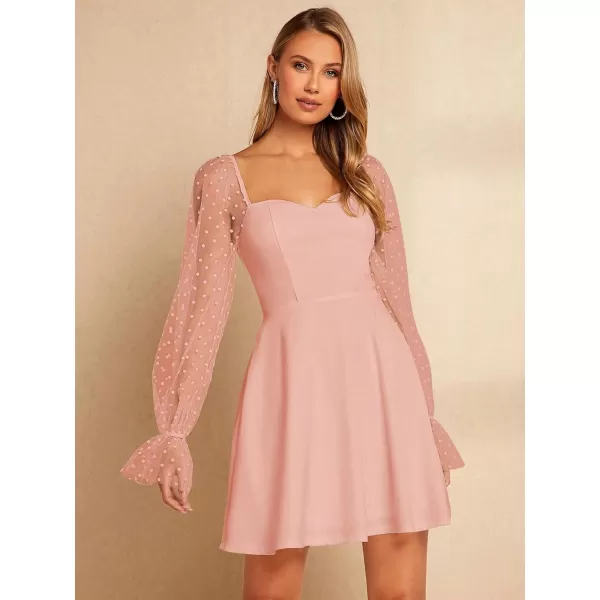 WDIRARA Women's Polka Dots Mesh Long Sleeve A Line Mini Flowy Wedding Guest Bridesmaid Dress