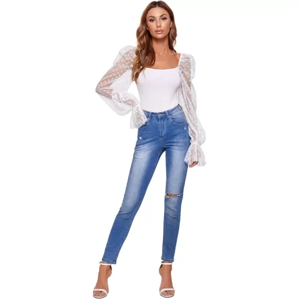 WDIRARA Women's Polka Dots Sheer Dobby Mesh Square Neck Long Sleeve Skinny Bodysuit