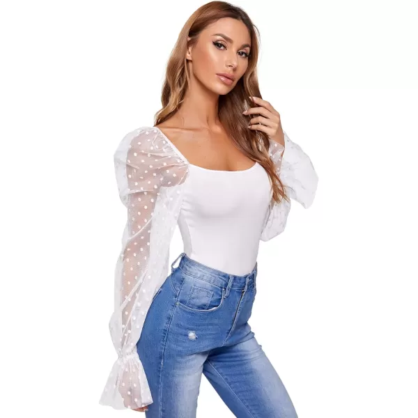 WDIRARA Women's Polka Dots Sheer Dobby Mesh Square Neck Long Sleeve Skinny Bodysuit
