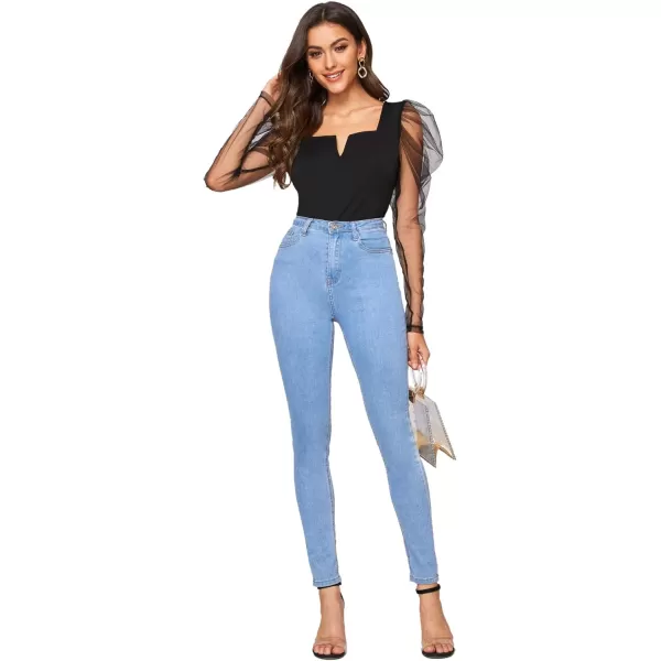 WDIRARA Women's Polka Dots Sheer Dobby Mesh Square Neck Long Sleeve Skinny Bodysuit