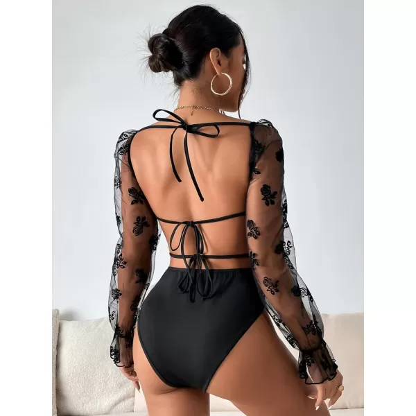 WDIRARA Women's Polka Dots Sheer Dobby Mesh Square Neck Long Sleeve Skinny Bodysuit