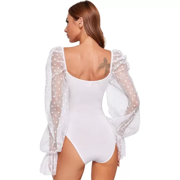 WDIRARA Women's Polka Dots Sheer Dobby Mesh Square Neck Long Sleeve Skinny Bodysuit