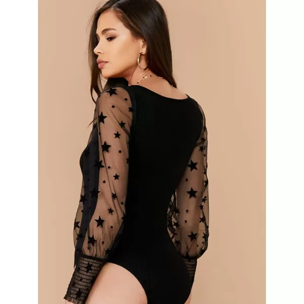 WDIRARA Women's Polka Dots Sheer Dobby Mesh Square Neck Long Sleeve Skinny Bodysuit