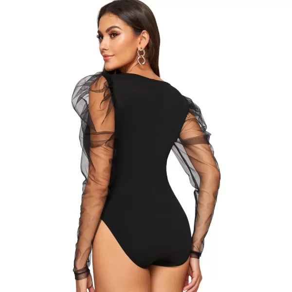 WDIRARA Women's Polka Dots Sheer Dobby Mesh Square Neck Long Sleeve Skinny Bodysuit