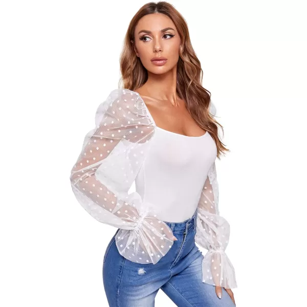 WDIRARA Women's Polka Dots Sheer Dobby Mesh Square Neck Long Sleeve Skinny Bodysuit