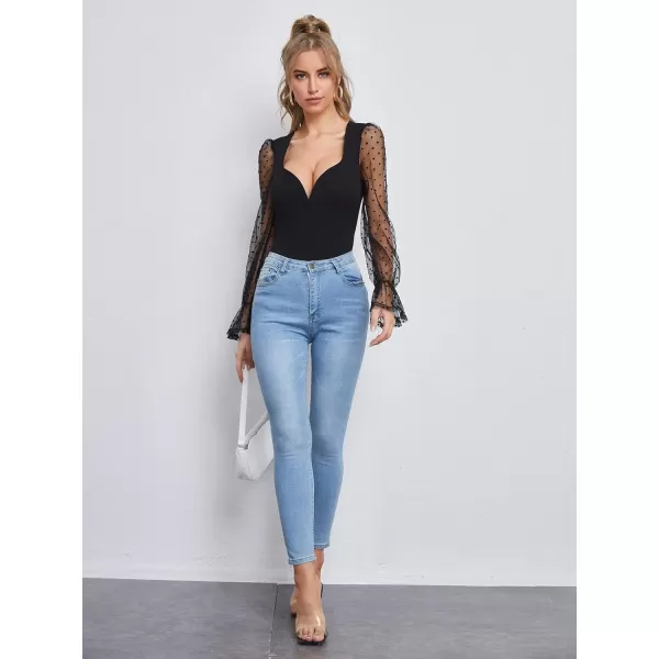WDIRARA Women's Polka Dots Sheer Dobby Mesh Square Neck Long Sleeve Skinny Bodysuit