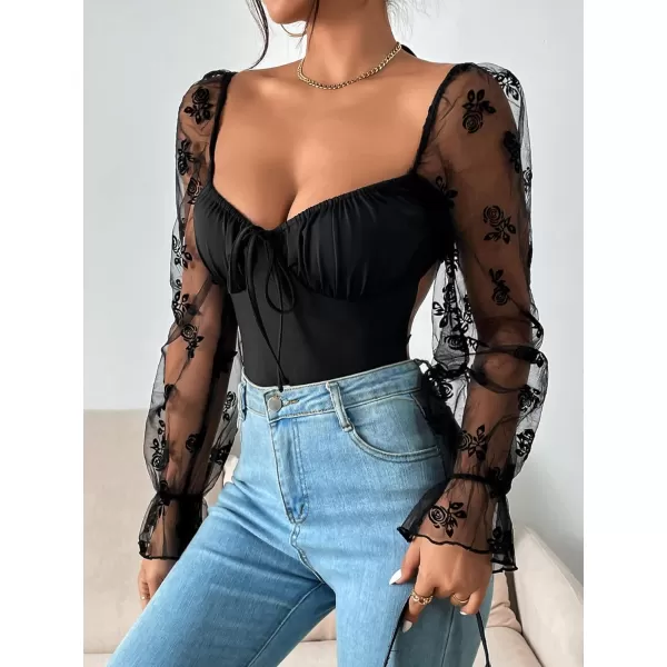 WDIRARA Women's Polka Dots Sheer Dobby Mesh Square Neck Long Sleeve Skinny Bodysuit