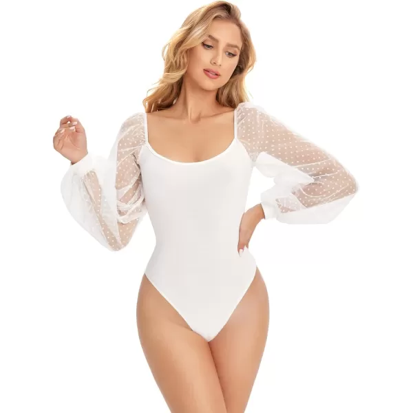 WDIRARA Women's Polka Dots Sheer Dobby Mesh Square Neck Long Sleeve Skinny Bodysuit