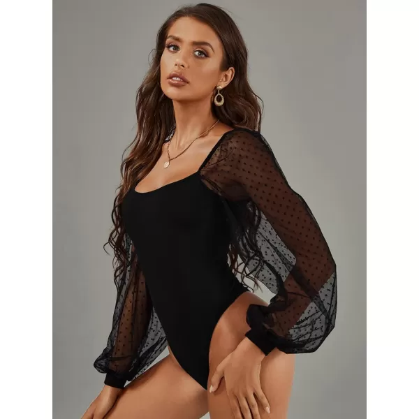 WDIRARA Women's Polka Dots Sheer Dobby Mesh Square Neck Long Sleeve Skinny Bodysuit