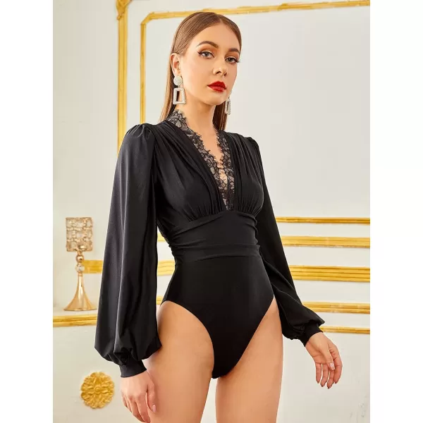 WDIRARA Women's Polka Dots Sheer Dobby Mesh Square Neck Long Sleeve Skinny Bodysuit