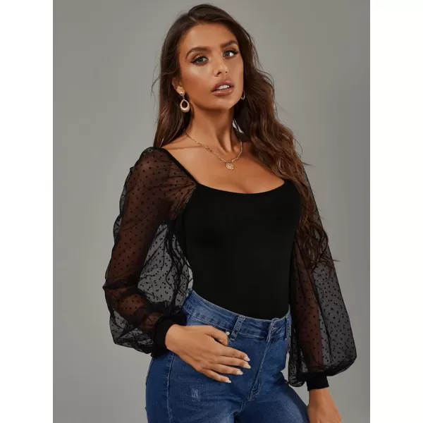 WDIRARA Women's Polka Dots Sheer Dobby Mesh Square Neck Long Sleeve Skinny Bodysuit