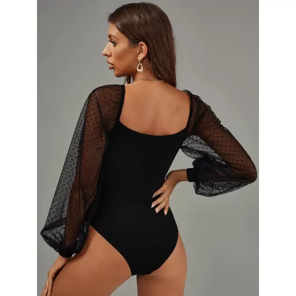 WDIRARA Women's Polka Dots Sheer Dobby Mesh Square Neck Long Sleeve Skinny Bodysuit
