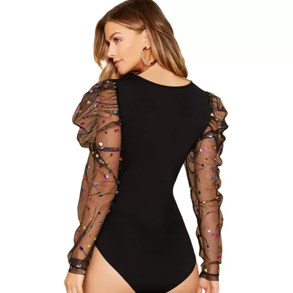WDIRARA Women's Polka Dots Sheer Dobby Mesh Square Neck Long Sleeve Skinny Bodysuit