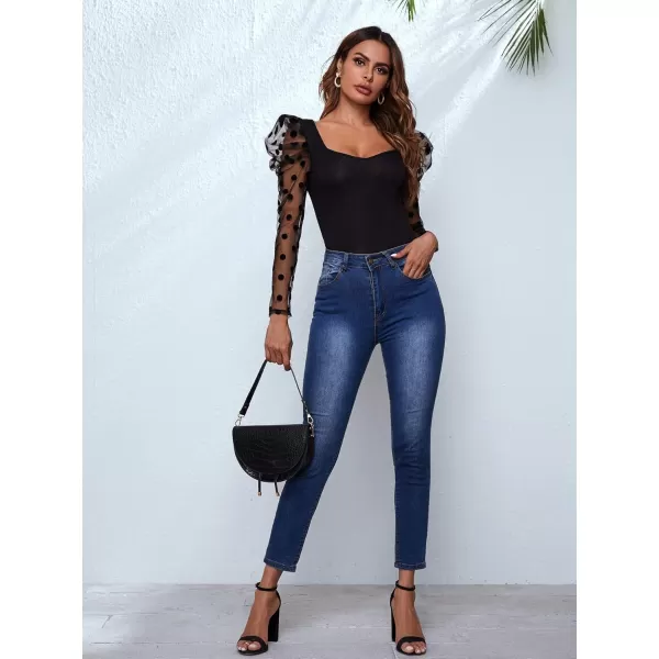 WDIRARA Women's Polka Dots Sheer Dobby Mesh Square Neck Long Sleeve Skinny Bodysuit