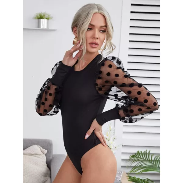 WDIRARA Women's Polka Dots Sheer Dobby Mesh Square Neck Long Sleeve Skinny Bodysuit