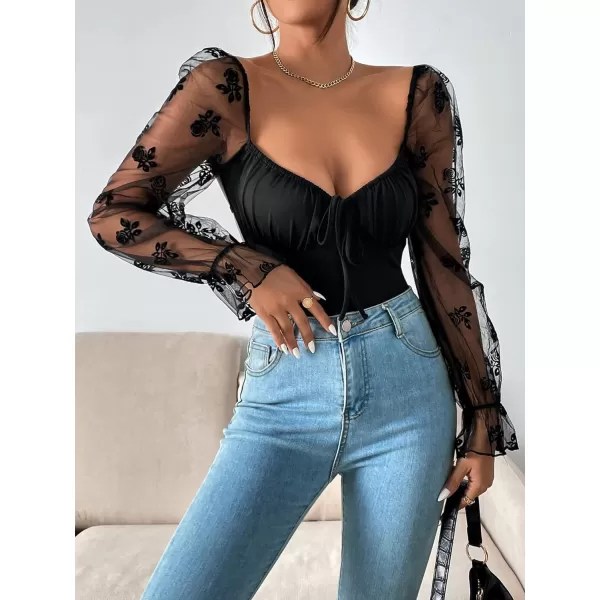 WDIRARA Women's Polka Dots Sheer Dobby Mesh Square Neck Long Sleeve Skinny Bodysuit