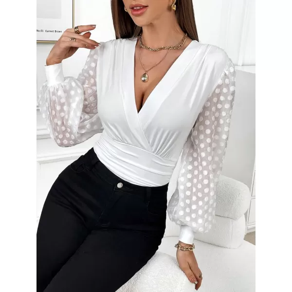 WDIRARA Women's Polka Dots Sheer Dobby Mesh Square Neck Long Sleeve Skinny Bodysuit