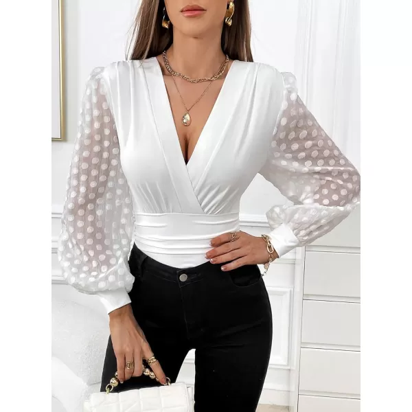 WDIRARA Women's Polka Dots Sheer Dobby Mesh Square Neck Long Sleeve Skinny Bodysuit