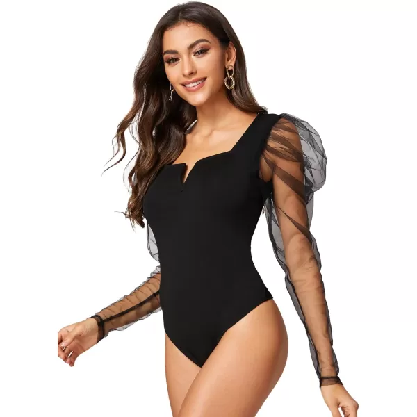 WDIRARA Women's Polka Dots Sheer Dobby Mesh Square Neck Long Sleeve Skinny Bodysuit