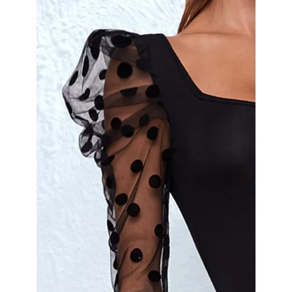 WDIRARA Women's Polka Dots Sheer Dobby Mesh Square Neck Long Sleeve Skinny Bodysuit