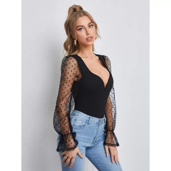 WDIRARA Women's Polka Dots Sheer Dobby Mesh Square Neck Long Sleeve Skinny Bodysuit